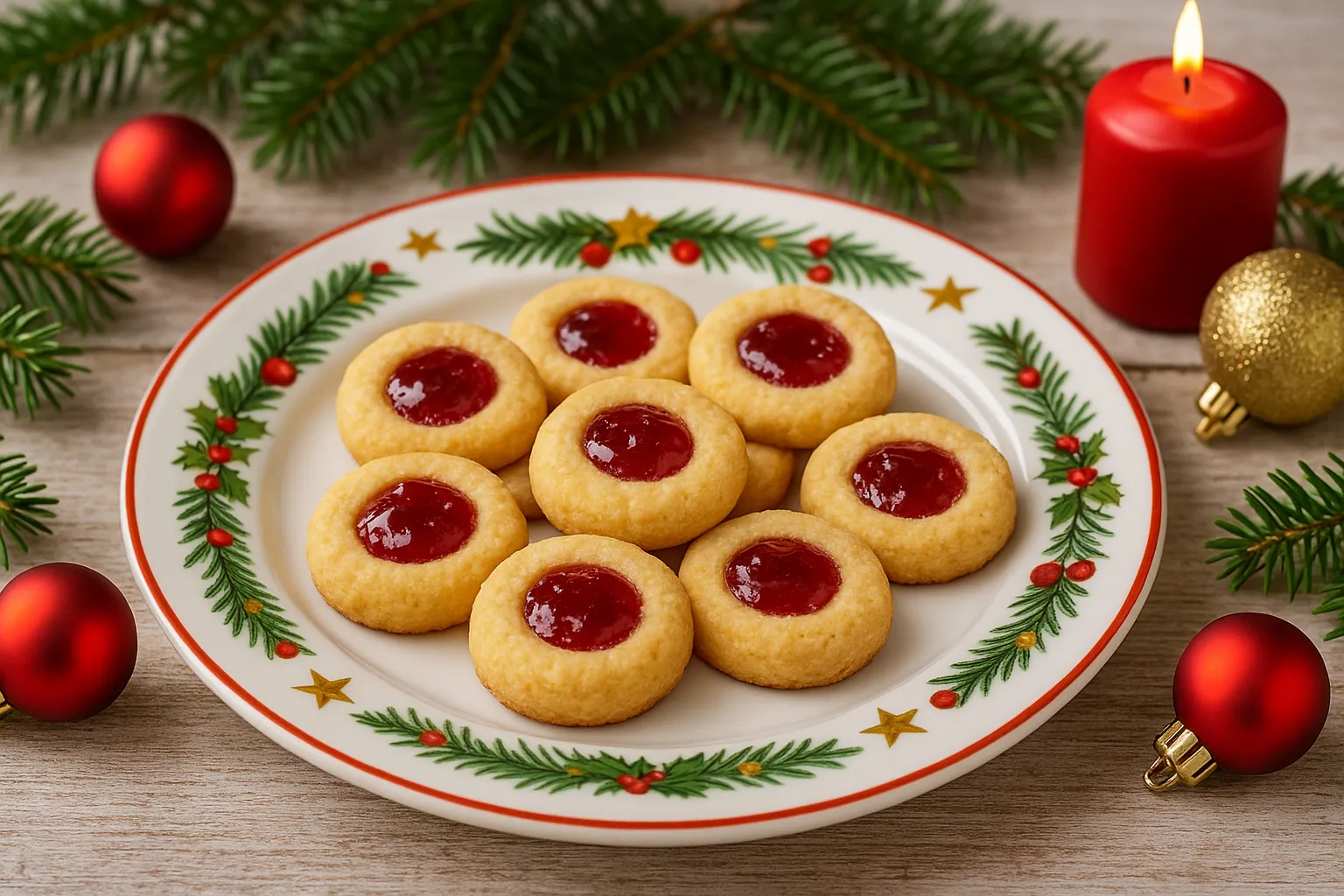 Plätzchen mit Konfitüre auf weihnachtlichem Teller mit festlicher Dekoration serviert