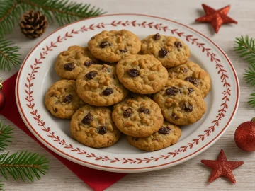 Plätzchen mit Walnüssen und Rosinen auf einem Weihnachtsteller mit Tannenzweigen und Weihnachtsdeko