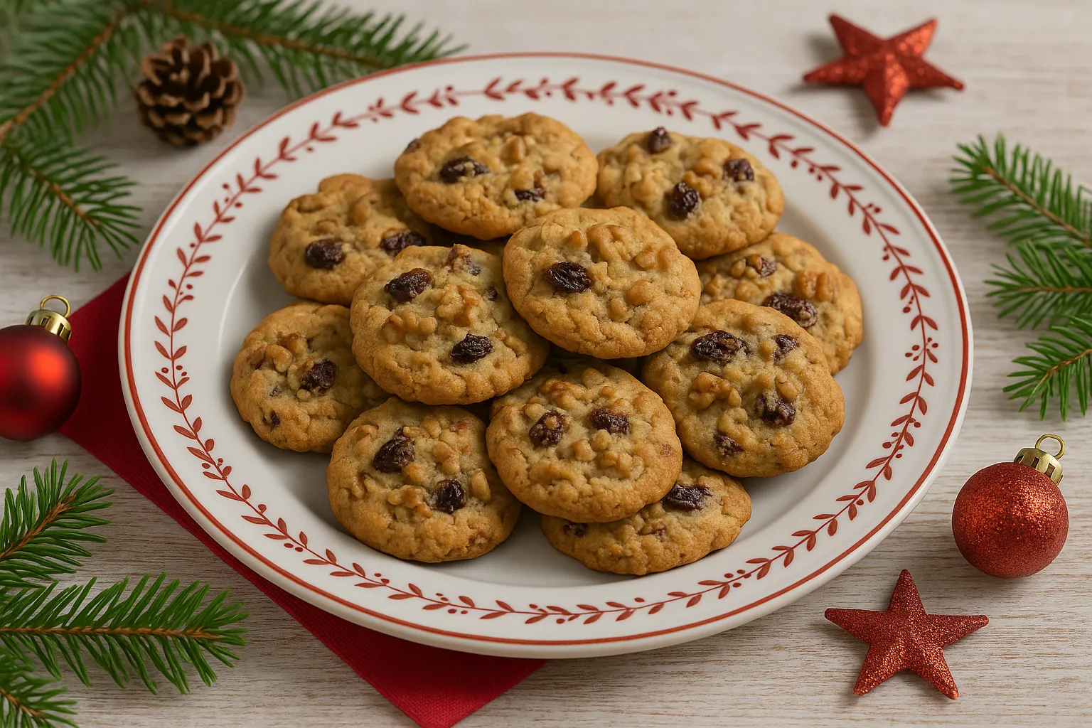 Plätzchen mit Walnüssen und Rosinen auf einem Weihnachtsteller mit Tannenzweigen und Weihnachtsdeko
