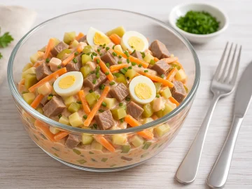 Rindfleischsalat mit Gemüse, Ei und Tomatenmayonnaise in einer modernen Glasschüssel serviert