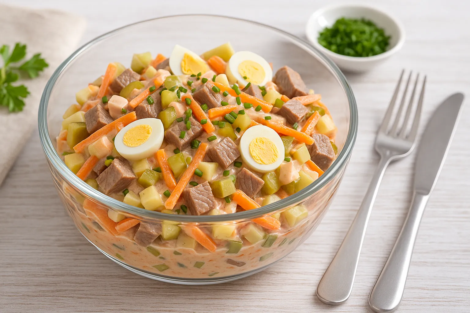 Rindfleischsalat mit Gemüse, Ei und Tomatenmayonnaise in einer modernen Glasschüssel serviert