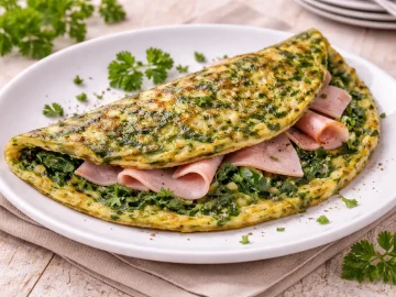 Gefaltetes Omelette mit Spinat und Schinken auf weißem Teller serviert