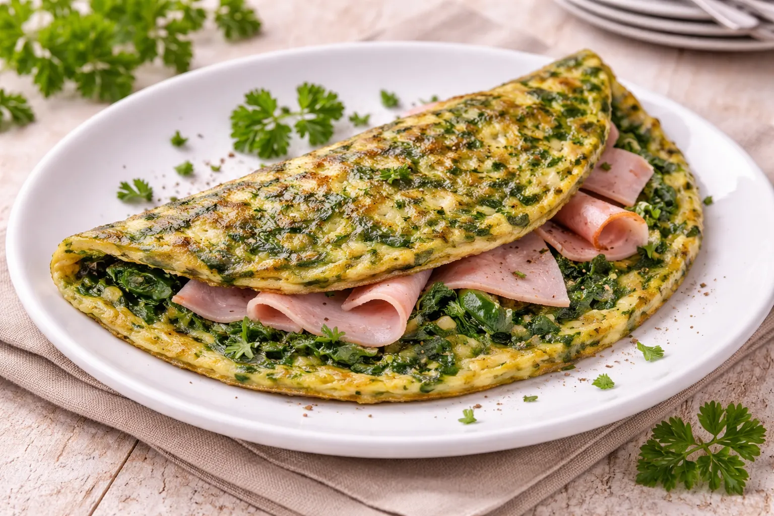 Gefaltetes Omelette mit Spinat und Schinken auf weißem Teller serviert