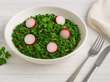 Frische Spinat-Rohkost in einer weißen Schüssel mit Radieschen, Möhren und Kräutern auf hellem Holztisch