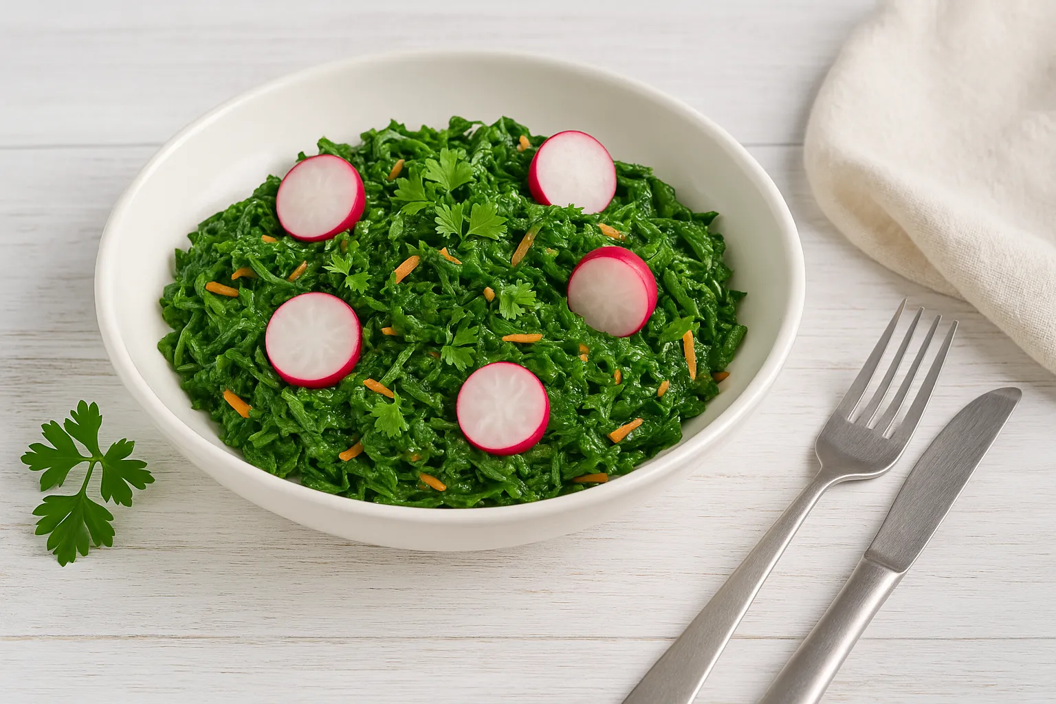 Frische Spinat-Rohkost in einer weißen Schüssel mit Radieschen, Möhren und Kräutern auf hellem Holztisch