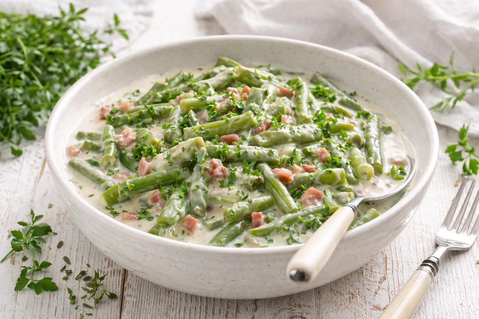 Grüne Bohnen in cremiger Specksoße mit Petersilie in einer weißen Schüssel auf weißem Holzhintergrund
