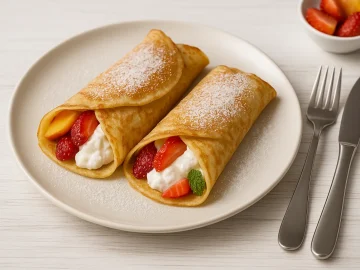 Goldbraune Eierpfannkuchen, gefüllt mit Früchten und Quark, serviert auf Teller mit Puderzucker