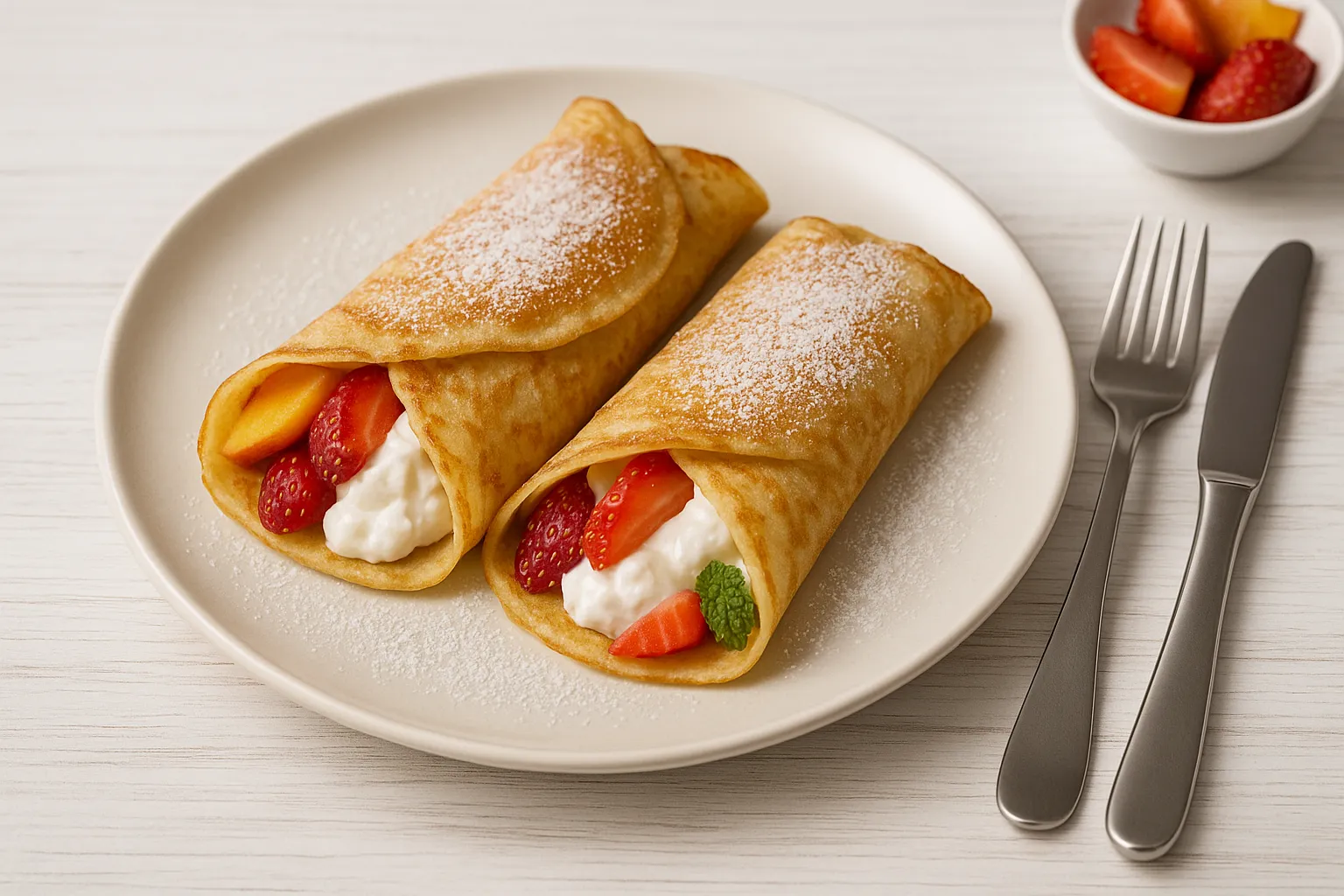 Goldbraune Eierpfannkuchen, gefüllt mit Früchten und Quark, serviert auf Teller mit Puderzucker