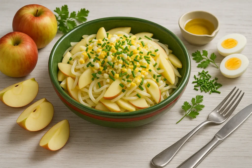 Georgischer Apfelsalat mit Apfel, Zwiebel, Ei und Schnittlauch in bunter Schüssel auf weißem Holztisch, dekoriert mit frischen Zutaten und modernem Besteck.