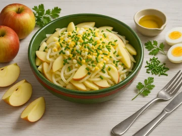 Georgischer Apfelsalat mit Apfel, Zwiebel, Ei und Schnittlauch in bunter Schüssel auf weißem Holztisch, dekoriert mit frischen Zutaten und modernem Besteck.