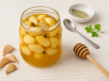 Honigknoblauch in Glas mit Sud, daneben frische Knoblauchzehen und Honiglöffel auf hellem Holztisch