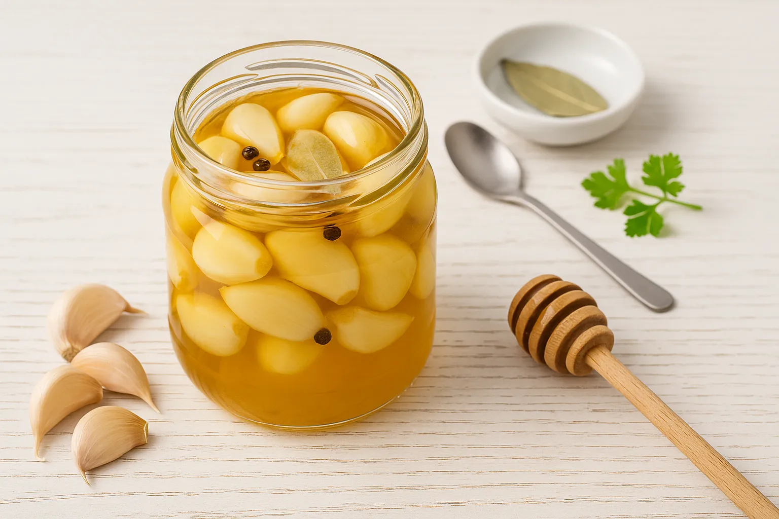 Honigknoblauch in Glas mit Sud, daneben frische Knoblauchzehen und Honiglöffel auf hellem Holztisch