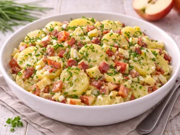 Kartoffel-Speck-Salat mit Apfelstücken, Speckwürfeln und Schnittlauch in weißer Schüssel angerichtet