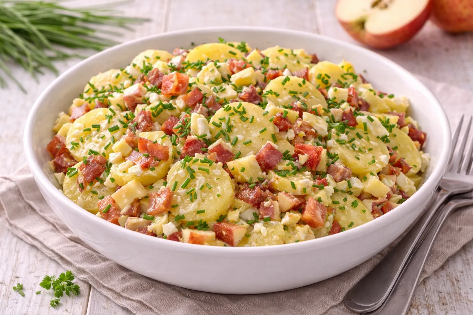 Kartoffel-Speck-Salat mit Apfelstücken, Speckwürfeln und Schnittlauch in weißer Schüssel angerichtet