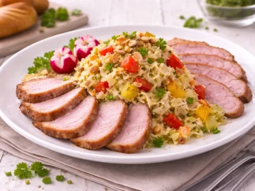 Weißer Teller mit Kaßlerscheiben und buntem Sauerkrautsalat aus Apfel, Paprika und Nüssen auf weißem Holzhintergrund