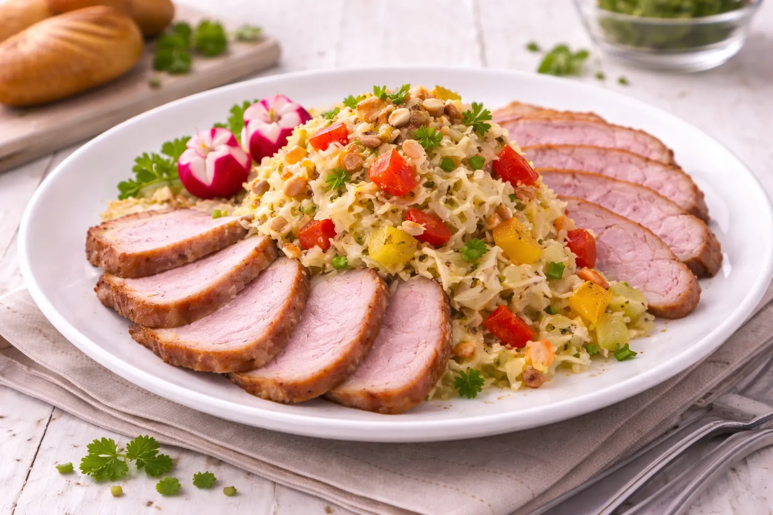 Weißer Teller mit Kaßlerscheiben und buntem Sauerkrautsalat aus Apfel, Paprika und Nüssen auf weißem Holzhintergrund