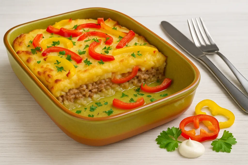  Paprikaauflauf mit Hackfleisch, Paprika, Kartoffelbrei und goldbrauner Kruste in grün-oranger Auflaufform, dekoriert mit Kräutern und Paprikaringen auf weißem Holzhintergrund.