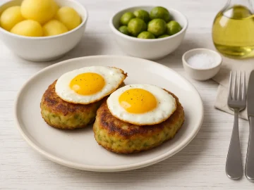 Goldbraune Rosenkohlbuletten mit Spiegelei auf weißem DDR-Geschirr, serviert mit Beilagen, auf weißem Holzhintergrund