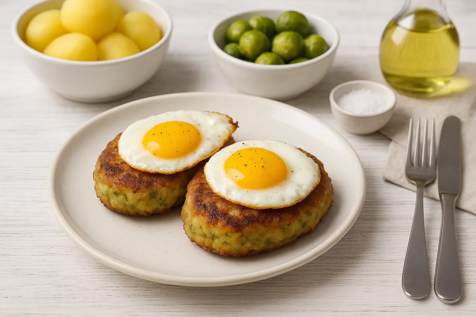  Goldbraune Rosenkohlbuletten mit Spiegelei auf weißem DDR-Geschirr, serviert mit Beilagen, auf weißem Holzhintergrund