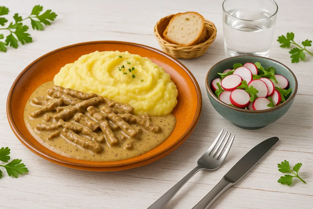  Senf-Pfefferfleisch in cremiger Sauce mit Kartoffelbrei und Radieschensalat, serviert auf orangefarbenem DDR-Teller mit moderner Dekoration auf weißem Holztisch.