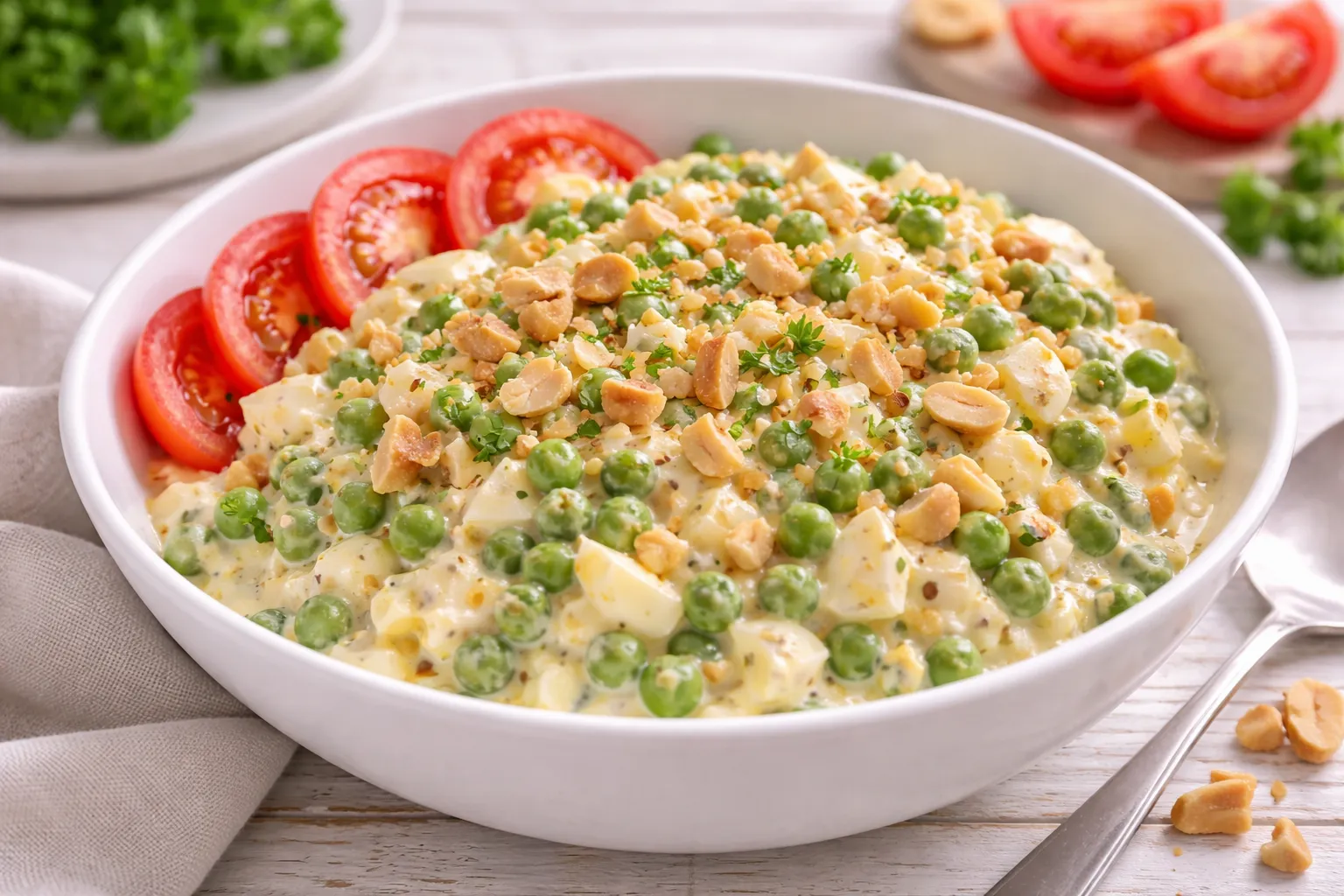 Cremiger Eiersalat mit grünen Erbsen, Sellerie, Tomaten und Nüssen in einer weißen Salatschüssel auf hellem Holztisch