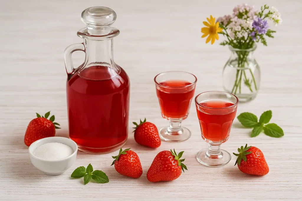  Selbstgemachter Erdbeer-Likör in Flasche und Gläsern, dekoriert mit frischen Erdbeeren und Minze auf hellem Holztisch.