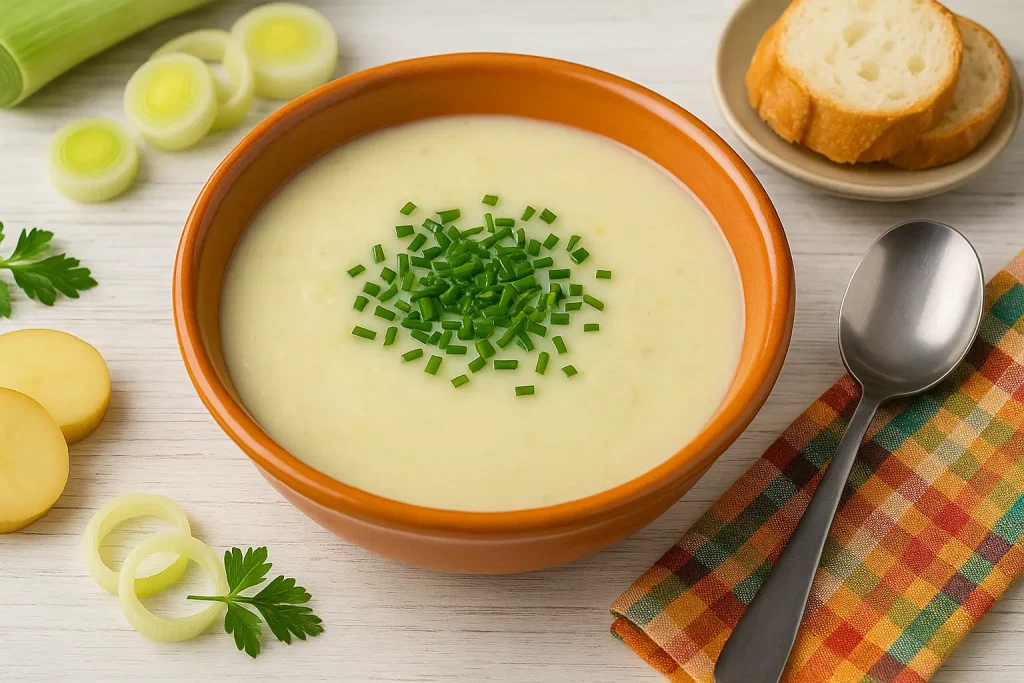  Vichyssoise – Cremige Porreesuppe in orangefarbener Schale, garniert mit Schnittlauch, dazu Baguette, Lauch, Kartoffeln und Besteck im Breitformat auf weißem Holz angerichtet.