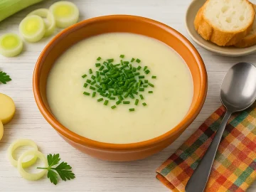 Vichyssoise – Cremige Porreesuppe in orangefarbener Schale, garniert mit Schnittlauch, dazu Baguette, Lauch, Kartoffeln und Besteck im Breitformat auf weißem Holz angerichtet.