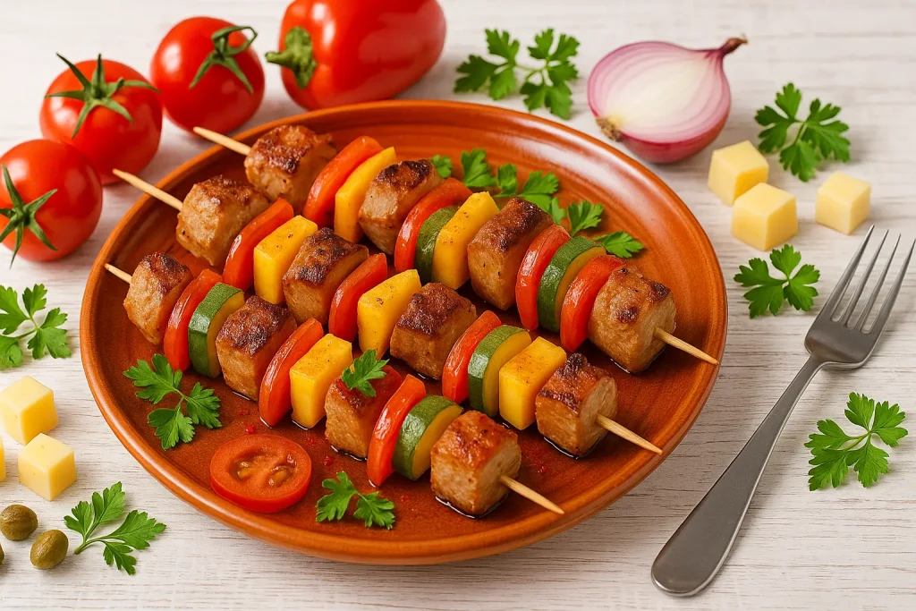  Grillspießchen mit Käse, Fleisch und Gemüse auf orangefarbenem DDR-Teller, angerichtet auf weißem Holztisch.