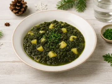 Teller mit Grünkohl und Kartoffelwürfeln auf hellem Holztisch, dekoriert mit Kräutern