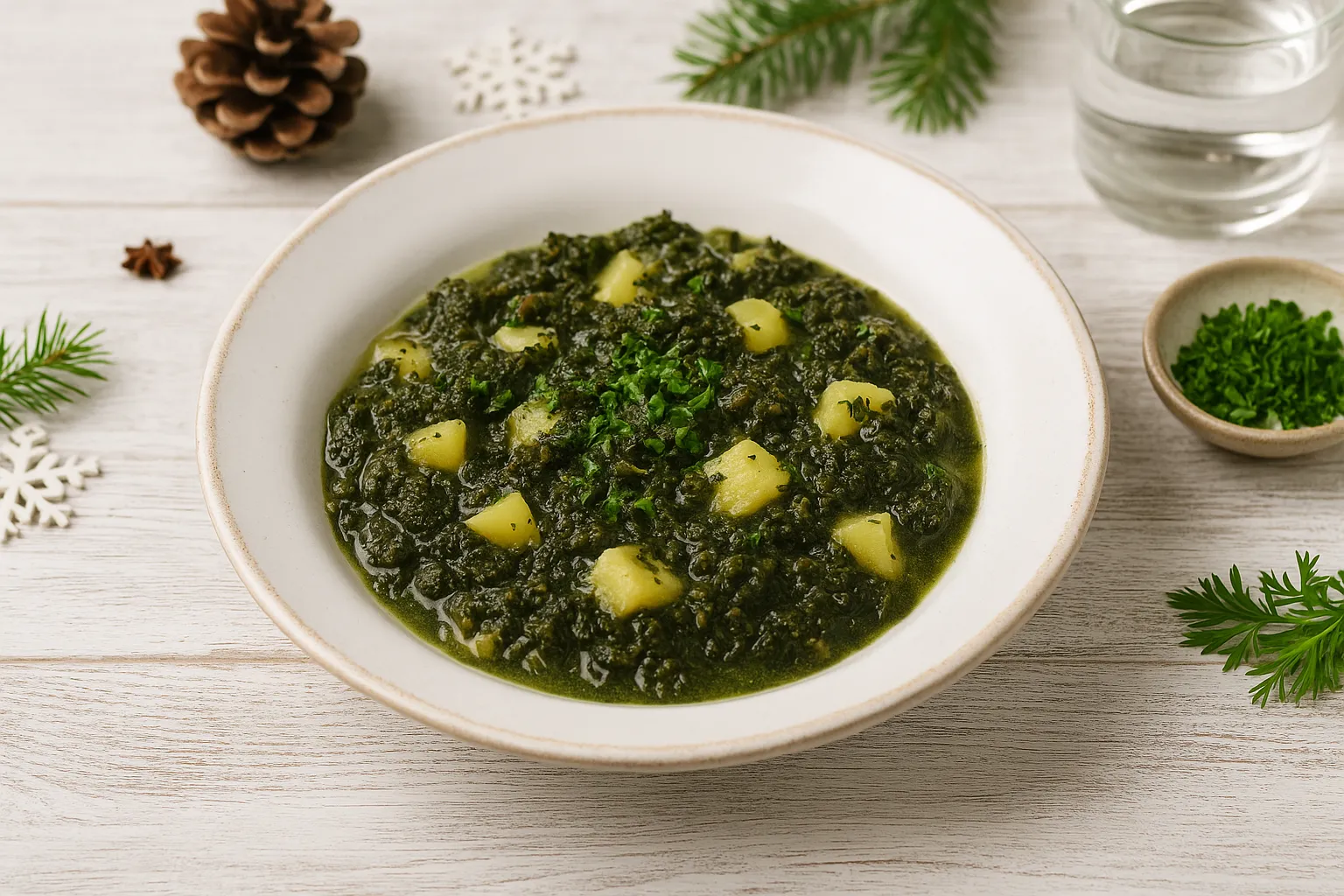 Teller mit Grünkohl und Kartoffelwürfeln auf hellem Holztisch, dekoriert mit Kräutern