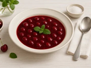 Kirschsupp in tiefem weißen DDR-Teller, serviert auf weißem Holztisch mit moderner Deko und Besteck