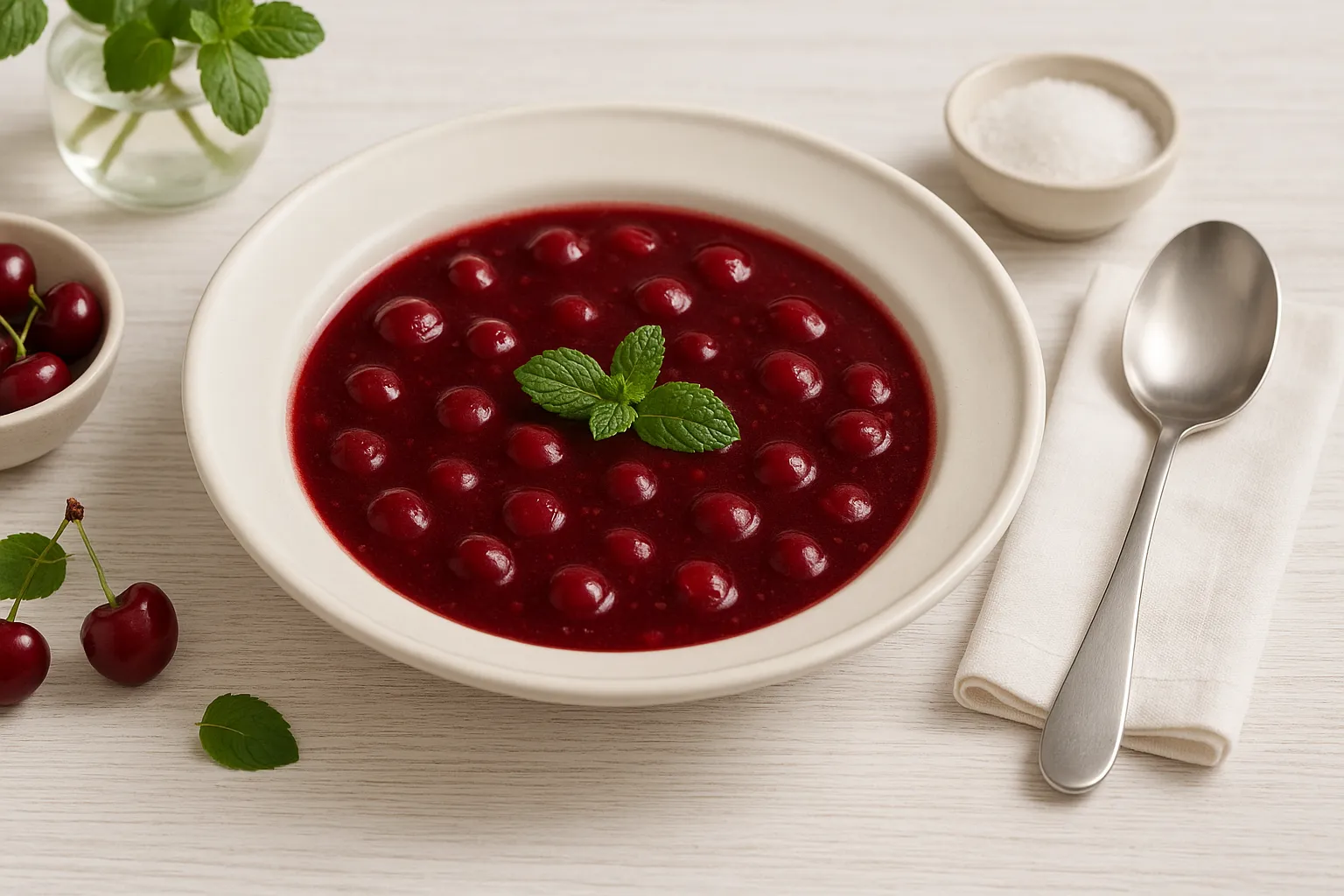 Kirschsupp in tiefem weißen DDR-Teller, serviert auf weißem Holztisch mit moderner Deko und Besteck