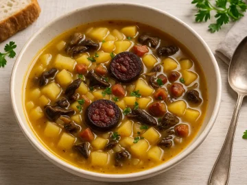 Kohlrübensuppe mit Blutwurst, Pilzen und Speck in weißer Schüssel auf hellem Holztisch mit Kräutern und Besteck