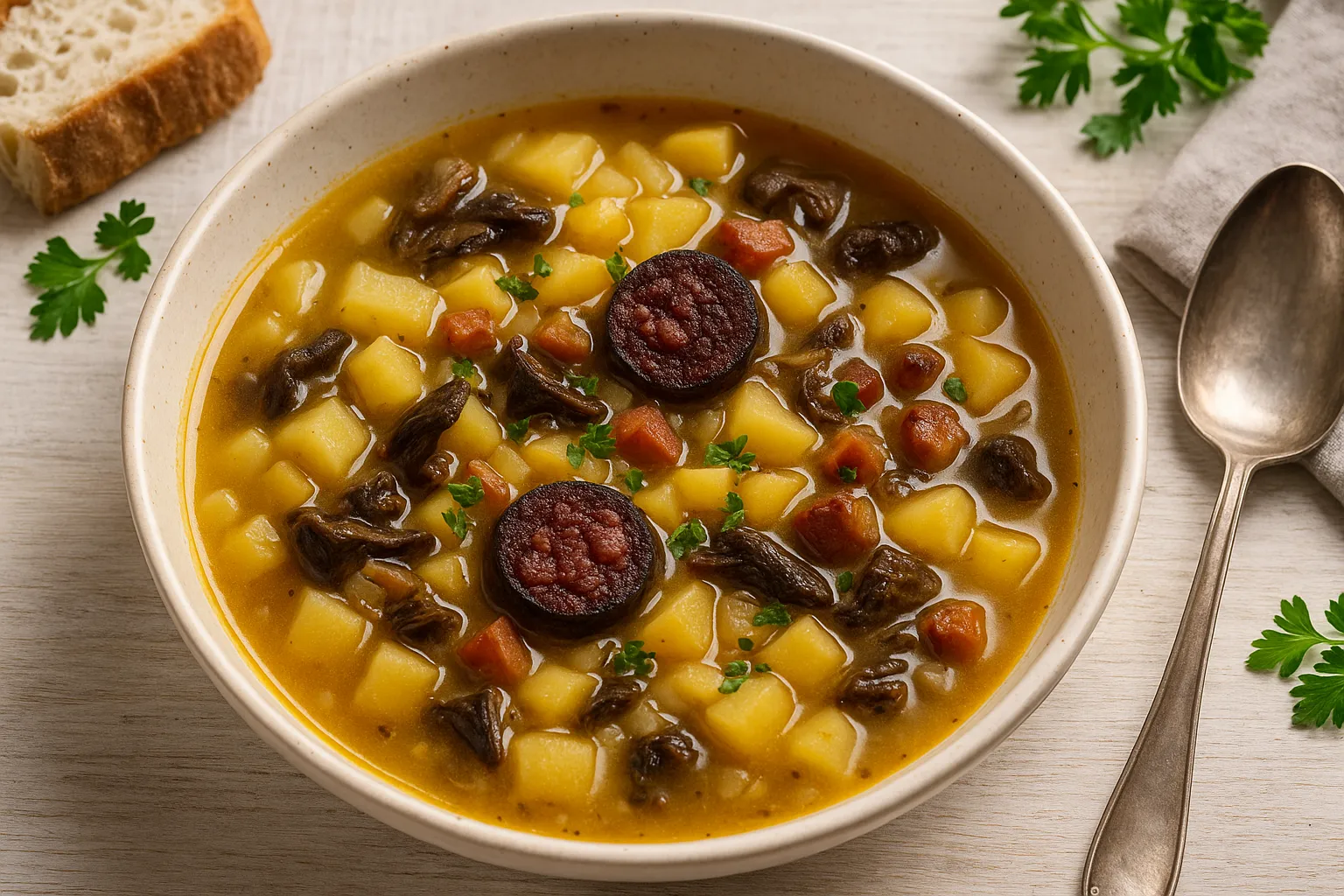 Kohlrübensuppe mit Blutwurst, Pilzen und Speck in weißer Schüssel auf hellem Holztisch mit Kräutern und Besteck