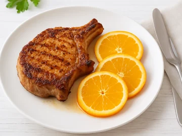 Gebratenes Kotelett mit Orangenscheiben auf einem weißen Teller, angerichtet auf hellem Holzhintergrund.
