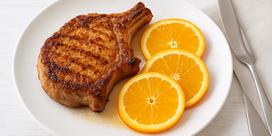 Gebratenes Kotelett mit Orangenscheiben auf einem weißen Teller, angerichtet auf hellem Holzhintergrund.