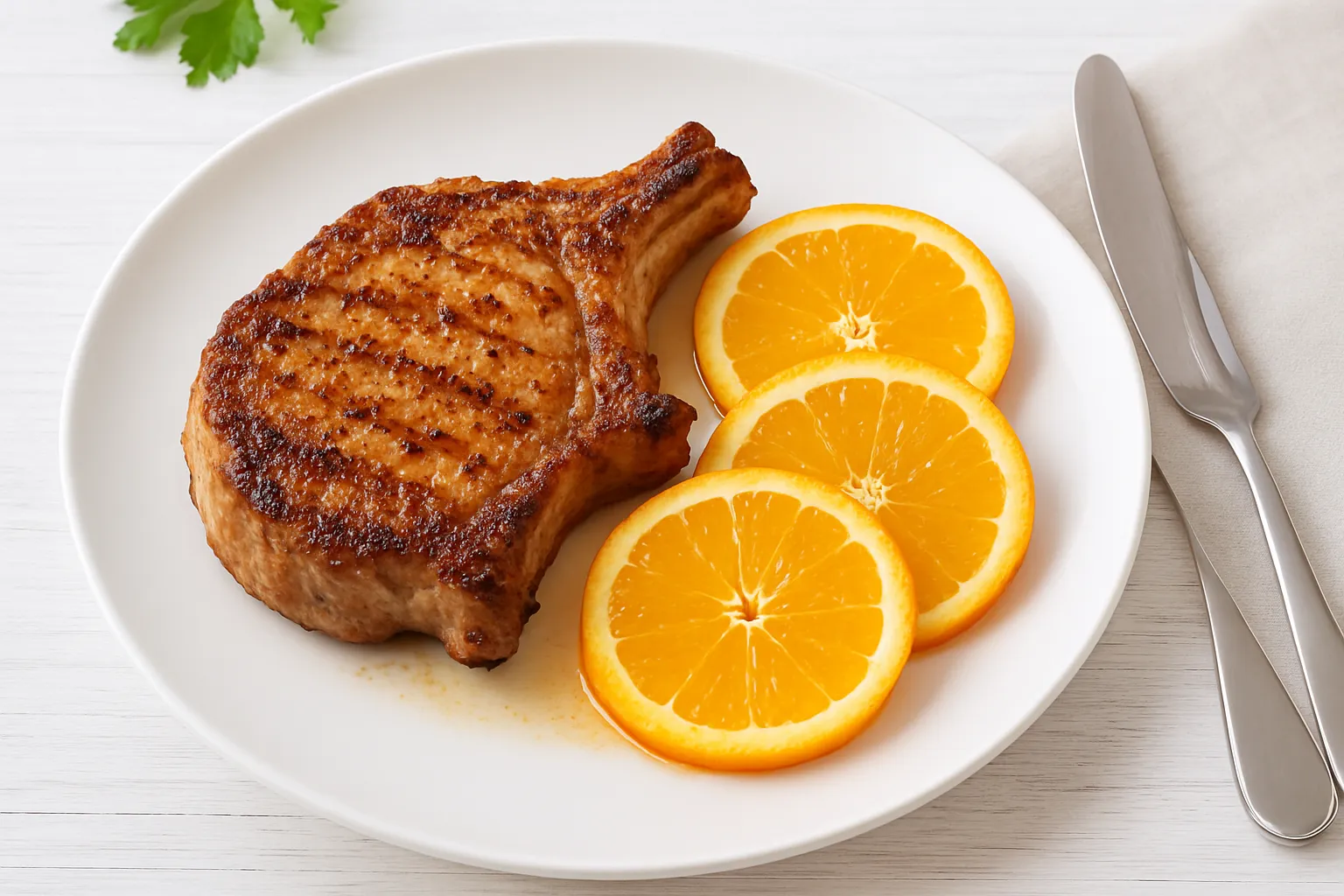 Gebratenes Kotelett mit Orangenscheiben auf einem weißen Teller, angerichtet auf hellem Holzhintergrund.