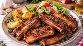 Knusprig gebackene marinierte Schweinerippchen mit Ofenkartoffeln.