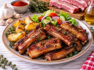 Knusprig gebackene marinierte Schweinerippchen mit Ofenkartoffeln.