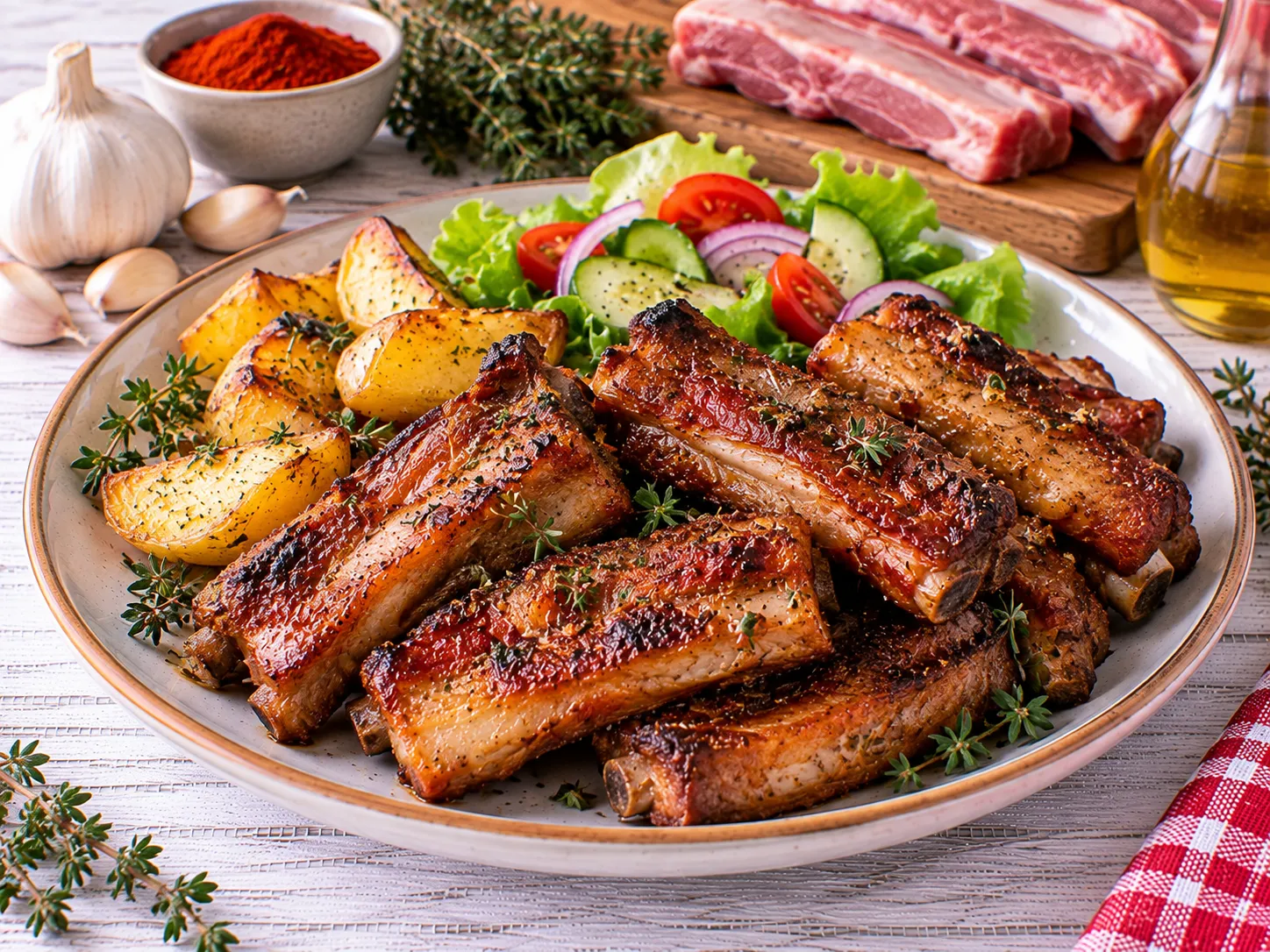 Knusprig gebackene marinierte Schweinerippchen mit Ofenkartoffeln.
