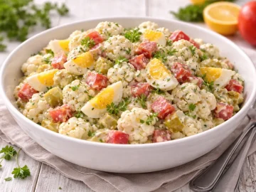 Blumenkohlsalat mit Ei, Tomate und Kräutern in weißer Schüssel auf hellem Holztisch