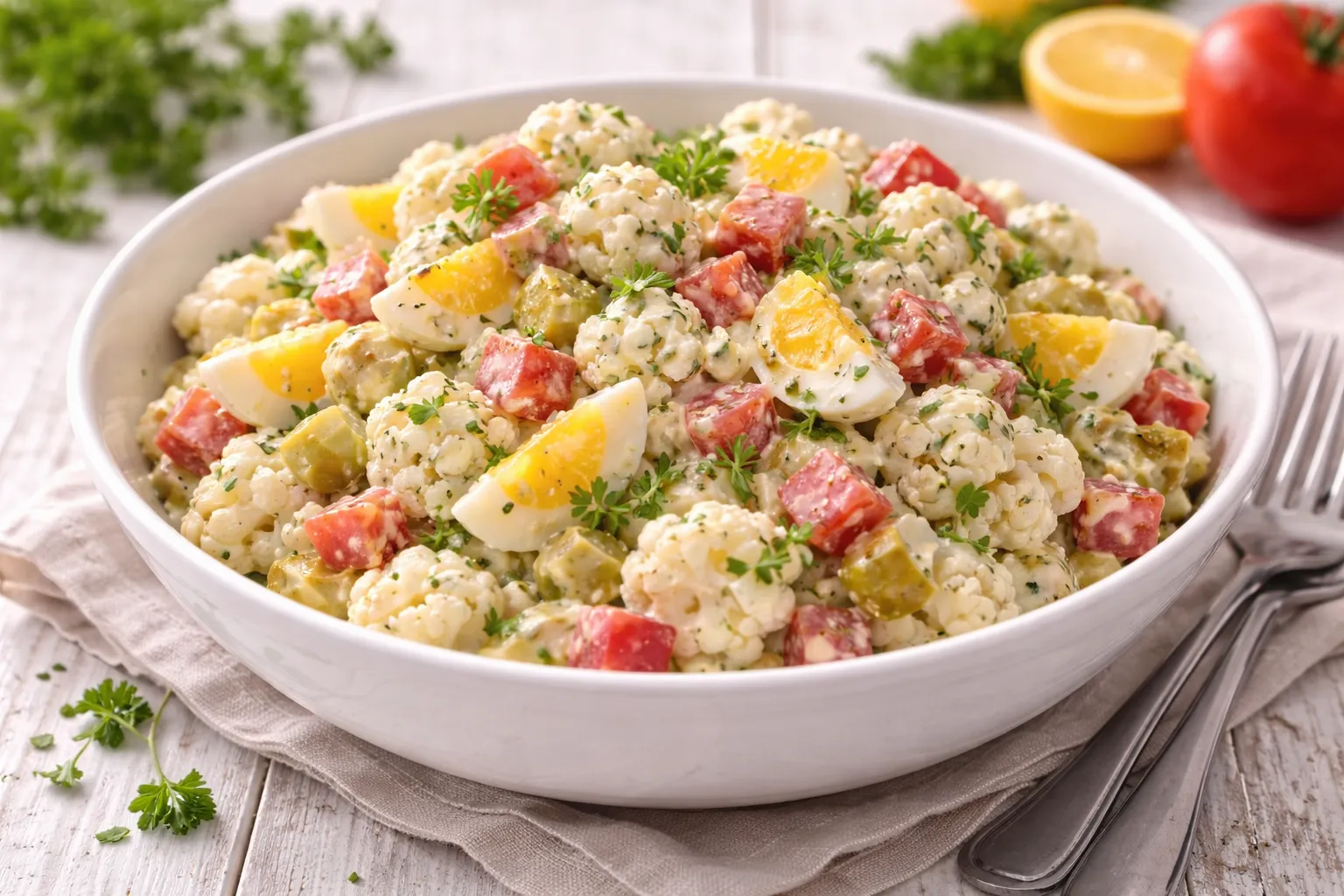 Blumenkohlsalat mit Ei, Tomate und Kräutern in weißer Schüssel auf hellem Holztisch
