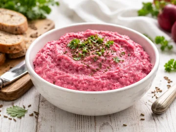 Rote-Rüben-Aufstrich mit Quark und Kümmel in einer weißen Schüssel auf weißem Holzhintergrund