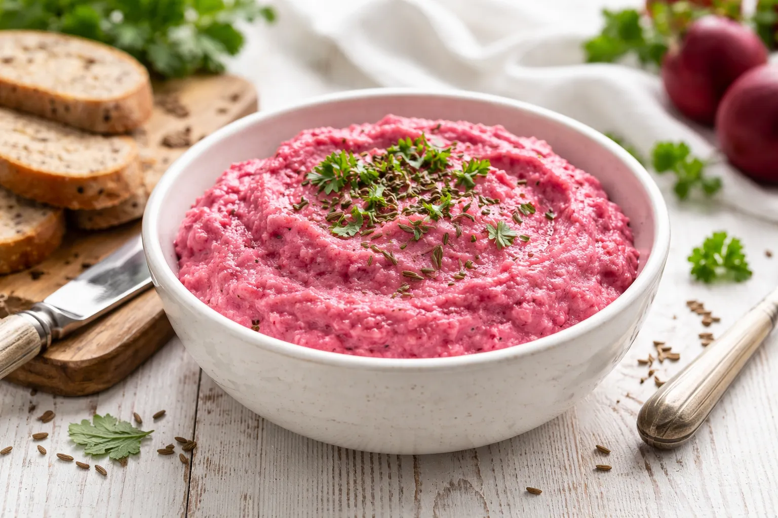 Rote-Rüben-Aufstrich mit Quark und Kümmel in einer weißen Schüssel auf weißem Holzhintergrund