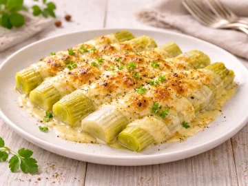 Überbackene Porreestangen mit goldener Kruste auf hellem Teller auf rustikalem Holztisch