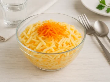 Glas-Schüssel mit Apfel-Kürbis-Salat, garniert mit Möhrenraspeln auf hellem Holzhintergrund