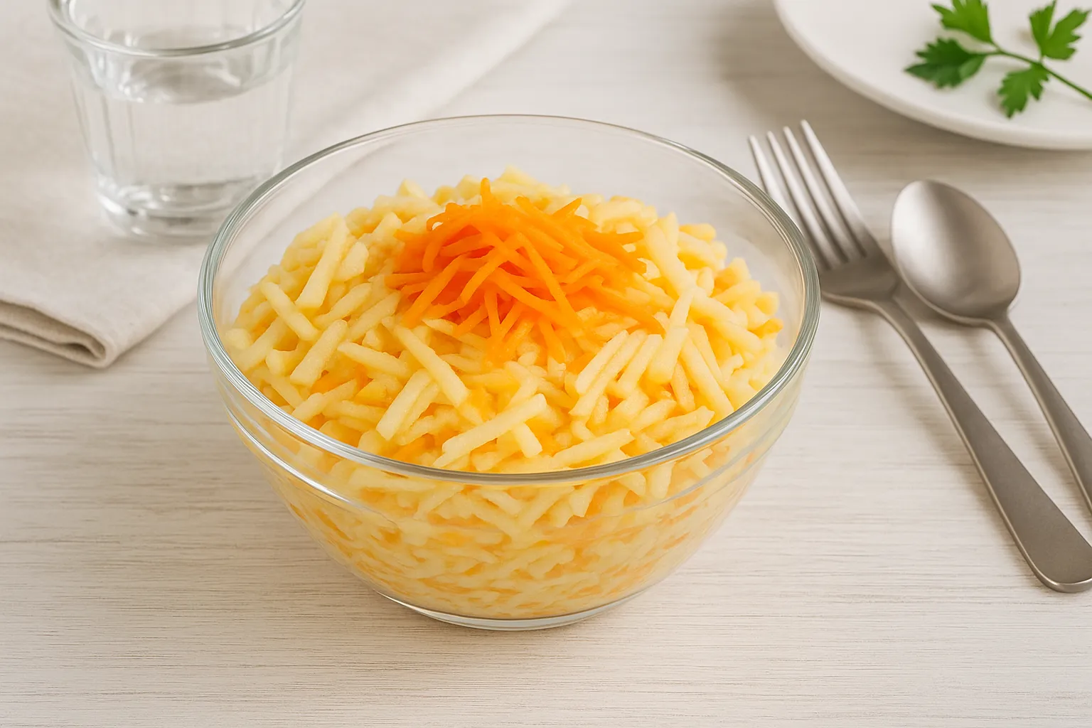 Glas-Schüssel mit Apfel-Kürbis-Salat, garniert mit Möhrenraspeln auf hellem Holzhintergrund