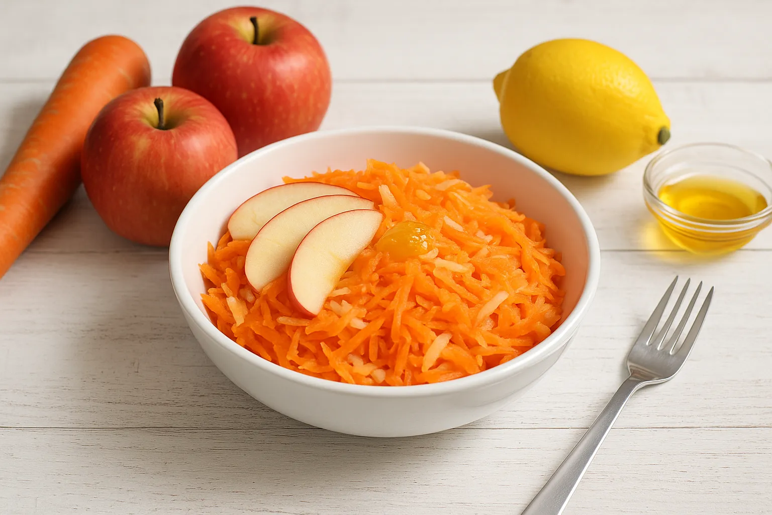 Apfel-Möhren-Salat in einer weißen Schüssel mit geriebenen Möhren, Apfelstücken und Honig