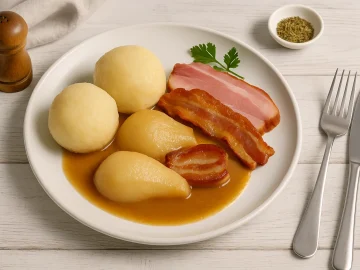 Beern un Klümp auf weißem Teller, serviert mit Klößen, Birnenhälften in Soße, Speck und Schinken, auf hellem Holztisch
